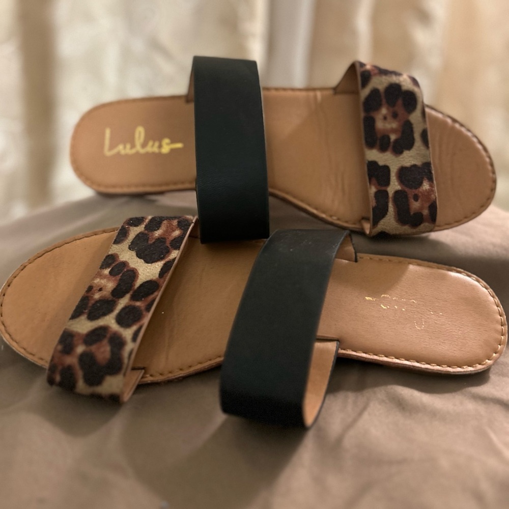 Lulu's Black and Leopard Women's Sandals - Size 9